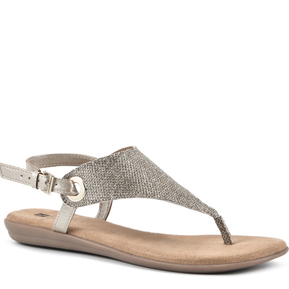 Women’s Gold Metallic & Beige Sandals, SZ 10, NEW in box (never worn)